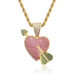 LC8 Jewelry Unisex Exquisite Bubble Arrow of Cupid Heart Pendant Hip Hop Iced Out Rhinestone Crystal Necklace 18K Gold Plated with 24” Stainless Rope Chain for Men Women (Gold-Tennis Chain, 30)