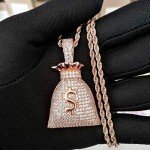 Moca Jewelry Iced Out Personality Dollar $ Symbol Money Bag Pendant 18K Gold Plated Bling CZ Simulated Diamond Hip Hop Necklace for Men Women (rose gold)