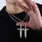 TOPGRILLZ Sword and Rose Pendant Necklace 14K Gold Plated Lab Simulated Diamond Chain for Men and Women Fashion Jewelry Collection (Gold Savage Sword)