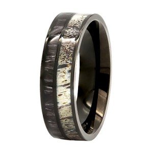 Kingsway Jewelry Natural Deer Antler Ring with Black Koa Wood Inlay - Mens Band, Womens Wedding Ring Black Stainless Steel Hunter Ring Band (13)