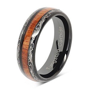 100S JEWELRY 6mm Mens Womens Black Wedding Bands Tungsten Ring Koa Wood Inlaid Silver Scroll Comfort Fit Size 5-9.5 (7)
