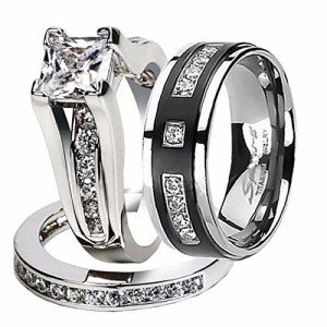 Marimor Jewelry Hers and His Stainless Steel Princess Wedding Ring Set & Titanium Wedding Band Women's Size 05 Men's Size 07
