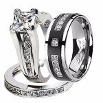 Marimor Jewelry Hers and His Stainless Steel Princess Wedding Ring Set & Titanium Wedding Band Women's Size 05 Men's Size 07