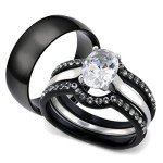 Marimor Jewelry HIS & Hers 4PC Black Stainless Steel Wedding Engagement Ring & Classic Band Set Women's Size 10 Men's 08mm Size 10