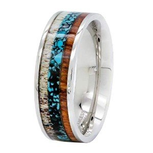 Kingsway Jewelry Men's Wedding Band Natural Genuine Deer Antler Turquoise Koa Wood Stainless Steel Engagement Ring 7MM Width (9)