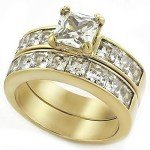 Marimor Jewelry His & Her 14K G.P. Stainless Steel 3pc Wedding Engagement Ring & Men's Band Set Women's Size 08 Men's Size 09