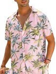 EISHOPEER Men's Pink Aloha Button-Up Shirt