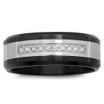 STEEL NATION JEWELRY Men’s Stainless Steel 8mm .10 cttw White Diamond Accent Two-Tone Black Wedding Band Ring, Large, Metal, Diamond