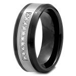 STEEL NATION JEWELRY Men’s Stainless Steel 8mm .10 cttw White Diamond Accent Two-Tone Black Wedding Band Ring, Large, Metal, Diamond