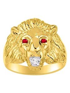 RYLOS Mens Rings 14K Yellow Gold - Amazing Conversation Starter Genuine Natural Diamond & Gorgeous Red Ruby Lion Head Ring Rings For Men Mens Jewelry Gold Rings