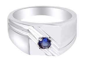 AFFY 4mm Simulated Blue Sapphire Men's Wedding Ring in 14k White Gold Over Sterling Silver Ring Size - 7 Fathers Day Jewelry Gifts