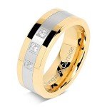 100S JEWELRY Tungsten Rings for Men Gold Silver Crystal Wedding Bands Two Tone 3 CZ Stone Promise Marriage Size 8-16 (10)