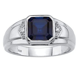 PalmBeach Jewelry Men's 10K Yellow Gold or Platinum-Plated Silver Square Cut Created Blue Sapphire and Diamond Accent Ring, Metal, Sapphire Diamond