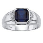 PalmBeach Jewelry Men's 10K Yellow Gold or Platinum-Plated Silver Square Cut Created Blue Sapphire and Diamond Accent Ring, Metal, Sapphire Diamond