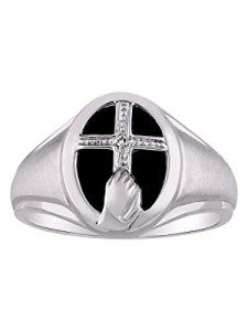 RYLOS Mens Rings 14K White Gold Ring Unisex Religious Cross Prayer Ring With Diamonds and Black Onyx Rings For Men Men's Rings Gold Rings Sizes 8,9,10,11,12,13 Mens Jewelry