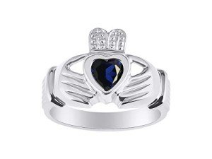 RYLOS Rings 14K White Gold Claddah Love, Loyalty & Friendship Heart 6MM Gem Irish Wedding Band Claddagh Rings September Sapphire Jewelry for Women Gold Rings For Women & Men Size 5-13