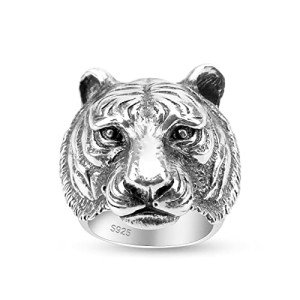 Myshiwu Solid 925 Silver Real 925 Sterling Silver Tiger Head for Men Retro Thai Silver Punk Animal Ring Fashion Jewelry Gifts (11.5)