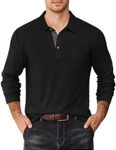 Men's Long Sleeve Polo Shirt with Pocket - Black
