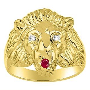 RYLOS Mens Rings Yellow Gold Plated Silver Lion Head Ring Amazing Conversation Starter Genuine Diamonds Eyes & Ruby Mouth Rings For Men Men's Rings Silver Rings Sizes 6-13 Mens Jewelry