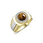 RYLOS Mens Rings Yellow Gold Plated Silver Ring Round Shape Cabochon Gemstone & Genuine Diamonds Designer Style Tiger Eye Rings For Men Men's Rings Silver Rings Sizes 8,9,10,11,12,13 Mens Jewelry