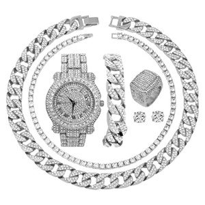 Fully Bling-ed Out Round Luxury Mens Watch w/Bling-ed Out Cuban Chain Bracelet, Cuban Necklace, Tennis Chain & Ring Size 8 - Silver - L0504BNTS(8)