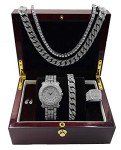 Fully Bling-ed Out Round Luxury Mens Watch w/Bling-ed Out Cuban Chain Bracelet, Cuban Necklace, Tennis Chain & Ring Size 8 - Silver - L0504BNTS(8)