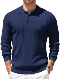 COOFANDY Men's Long Sleeve Knit Polo Shirt Navy