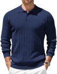 COOFANDY Men's Long Sleeve Knit Polo Shirt Navy