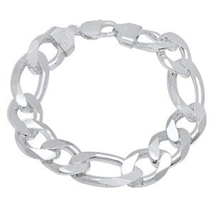 Men's 15.5mm Solid .925 Sterling Silver Flat Figaro Chain Bracelet, 8 inches