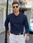 COOFANDY Men's Long Sleeve Knit Polo Shirt Navy
