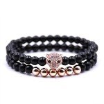 2Pc Charm Women&Men Cheetah head Beaded Bracelet Handmade Bead Lava Stone Silver Skull Head 6mm (rose gold)