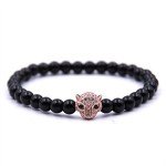 2Pc Charm Women&Men Cheetah head Beaded Bracelet Handmade Bead Lava Stone Silver Skull Head 6mm (rose gold)