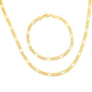 Mens 24k Yellow Gold Filled Set of Figaro Chain Necklace Bracelet Set Length 19.68",Width 4mm-9mm