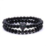 2Pc Charm Women&Men Cheetah head Beaded Bracelet Handmade Bead Lava Stone Silver Skull Head 6mm (rose gold)