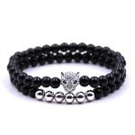 2Pc Charm Women&Men Cheetah head Beaded Bracelet Handmade Bead Lava Stone Silver Skull Head 6mm (rose gold)