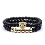 2Pc Charm Women&Men Cheetah head Beaded Bracelet Handmade Bead Lava Stone Silver Skull Head 6mm (rose gold)