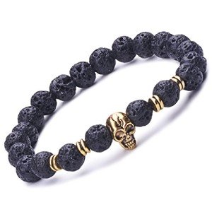 Infinite U Cool Women's Men's Skull Bracelet 9mm Beads Wrist Mala Alloy Lava Stone Stretch Bracelet, Therapy Yoga Meditation, Black-Gold