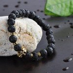 Infinite U Cool Women's Men's Skull Bracelet 9mm Beads Wrist Mala Alloy Lava Stone Stretch Bracelet, Therapy Yoga Meditation, Black-Gold