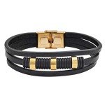 Magna Steel Men's Multi-Layer Genuine Leather Bracelet Wrisband with Stainless Steel Ornaments (Gold)