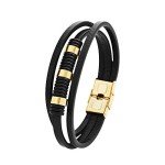 Magna Steel Men's Multi-Layer Genuine Leather Bracelet Wrisband with Stainless Steel Ornaments (Gold)