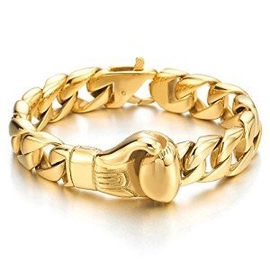 COOLSTEELANDBEYOND Unique Mens Stainless Steel Curb Chain Link Bracelet with Boxing Glove Gold Color Polished
