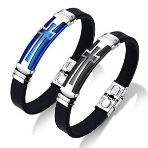 Mishow Men Bracelets Stainless Steel Silicone Sport Wristband Cross Bracelet Black/Blue/Gold, Adjustable, Rubber