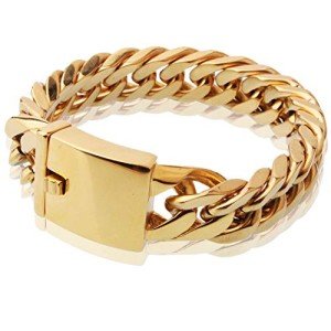 TIASRI Mens Big Yellow Gold Filled Stainless Steel Bracelet Cuban Link Miami Chain Bangle Jewelry 17mm 9inch