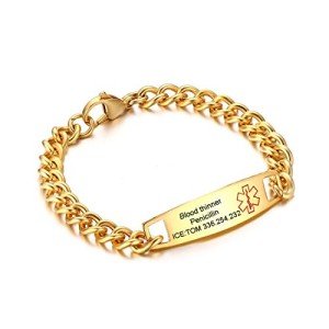 DIB Free Engraving Stainless Steel Medical Alert ID Bracelets Men Women Gold, Wrist Link Chain 7.5 inch