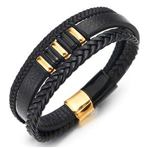 Mens Women Three-Strand Black Braided Leather Bracelet Bangle Wristband, Steel Black Gold Ornaments