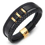 Mens Women Three-Strand Black Braided Leather Bracelet Bangle Wristband, Steel Black Gold Ornaments