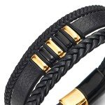 Mens Women Three-Strand Black Braided Leather Bracelet Bangle Wristband, Steel Black Gold Ornaments