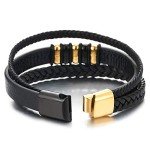 Mens Women Three-Strand Black Braided Leather Bracelet Bangle Wristband, Steel Black Gold Ornaments
