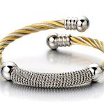 COOLSTEELANDBEYOND Stainless Steel Twisted Cable Cuff Bangle Bracelet for Mens for Women Silver Gold Two-Tone Polished