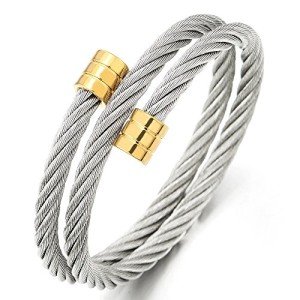 COOLSTEELANDBEYOND Ladies Mens Silver Gold Two-Lap Steel Twisted Cable Cuff Bangle Bracelet Elastic Adjustable, adjustable, Stainless Steel, not-applicable